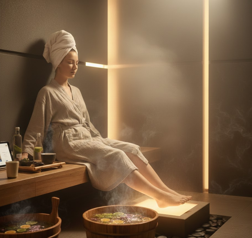 دليل العافية العميق لتدليك القدم في غرفة تبخير العرق